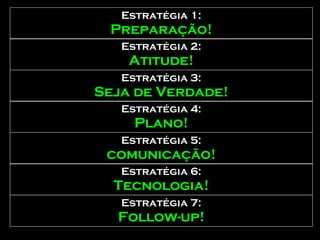 Estratégia 1: Preparação! Estratégia 2: Atitude! Estratégia 3: Seja de Verdade! Estratégia 4: Plano! Estratégia 5: comunicação! Estratégia 6: Tecnologia! Estratégia 7: Follow-up! 