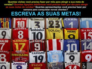 Quantas visitas você precisa fazer por mês para atingir a sua meta de vendas?  Quantas ligações telefônicas você precisa fazer por dia para atingir as suas metas de vendas?  Quantas apresentações você precisa fazer por semana para conquistar novos clientes?  ESCREVA AS SUAS METAS! 