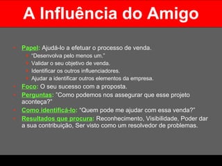 A Influência do Amigo Papel :   Ajudá-lo a efetuar o processo de venda.  “ Desenvolva pelo menos um.”  Validar o seu objetivo de venda.  Identificar os outros influenciadores.  Ajudar a identificar outros elementos da empresa. Foco :  O seu sucesso com a proposta. Perguntas :  ”Como podemos nos assegurar que esse projeto aconteça?” Como identificá-lo :   “Quem pode me ajudar com essa venda?” Resultados que procura :   Reconhecimento, Visibilidade, Poder dar a sua contribuição, Ser visto como um resolvedor de problemas.  