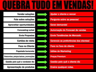 Ajudar o cliente a vencer Vender soluções Pergunte sobre as pessoas! Fale sobre soluções Gerar demanda! Aproveitar oportunidades Automação do Forecast de vendas Forecasting verbal Envie Tendências de Mercado Envie Propostas Foco no foco do cliente Foco no Cliente Gerencie as preferências dos clientes! Cartões de visita Preços Premium Descontos, preços baixos, promoções Idéias de Marketing Papelada burocrata Gestão pelo quê o cliente diz Gestão pelo quê o vendedor diz Ensine qualquer coisa.  Apresentação de produtos QUEBRA TUDO EM VENDAS! 