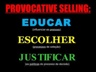PROVOCATIVE SELLING: EDUCAR (influenciar as  pessoas ) ESCOLHER ( processos  de seleção) JUSTIFICAR (as  políticas  do processo de decisão) 