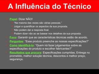 A Influência do Técnico Papel :   Dizer NÃO!  “ Na maioria das vezes são várias pessoas.”  Julgar e quantificar os aspectos da sua proposta.  Não podem dar a resposta final.  Podem dizer não ao se basear nos detalhes da sua proposta.  Foco :   Garantir que as características técnicas estão de acordo. Perguntas :   ”Esse produto preenche as nossas especificações?” Como identificá-lo :  “Quem irá fazer julgamentos sobre as especificações do produto e escolher fabricantes?” Resultados que procura :  Especificações cumpridas, Entrega no prometido, melhor solução técnica, descontos e melhor preço, segurança.  