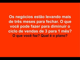 Os negócios estão levando mais de três meses para fechar. O que você pode fazer para diminuir o ciclo de vendas de 3 para 1 mês?  O que você faz? Qual é o plano? 