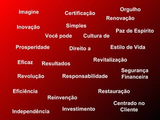 Imagine  Simples Estilo de Vida Responsabilidade Resultados Você pode Inovação Renovação Revitalização Restauração Reinvenção Revolução Eficiência Eficaz Direito a Centrado no Cliente Investimento Independência Paz de Espírito Certificação Orgulho Prosperidade  Segurança Financeira Cultura de 