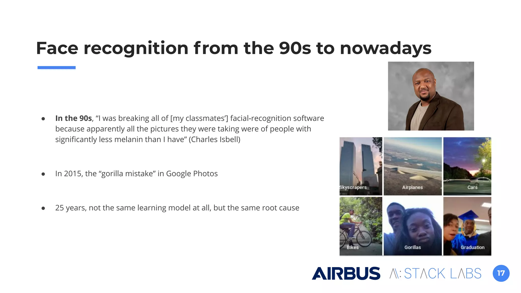 17
● In the 90s, “I was breaking all of [my classmates’] facial-recognition software
because apparently all the pictures they were taking were of people with
signiﬁcantly less melanin than I have” (Charles Isbell)
● In 2015, the “gorilla mistake” in Google Photos
● 25 years, not the same learning model at all, but the same root cause
Face recognition from the 90s to nowadays
 