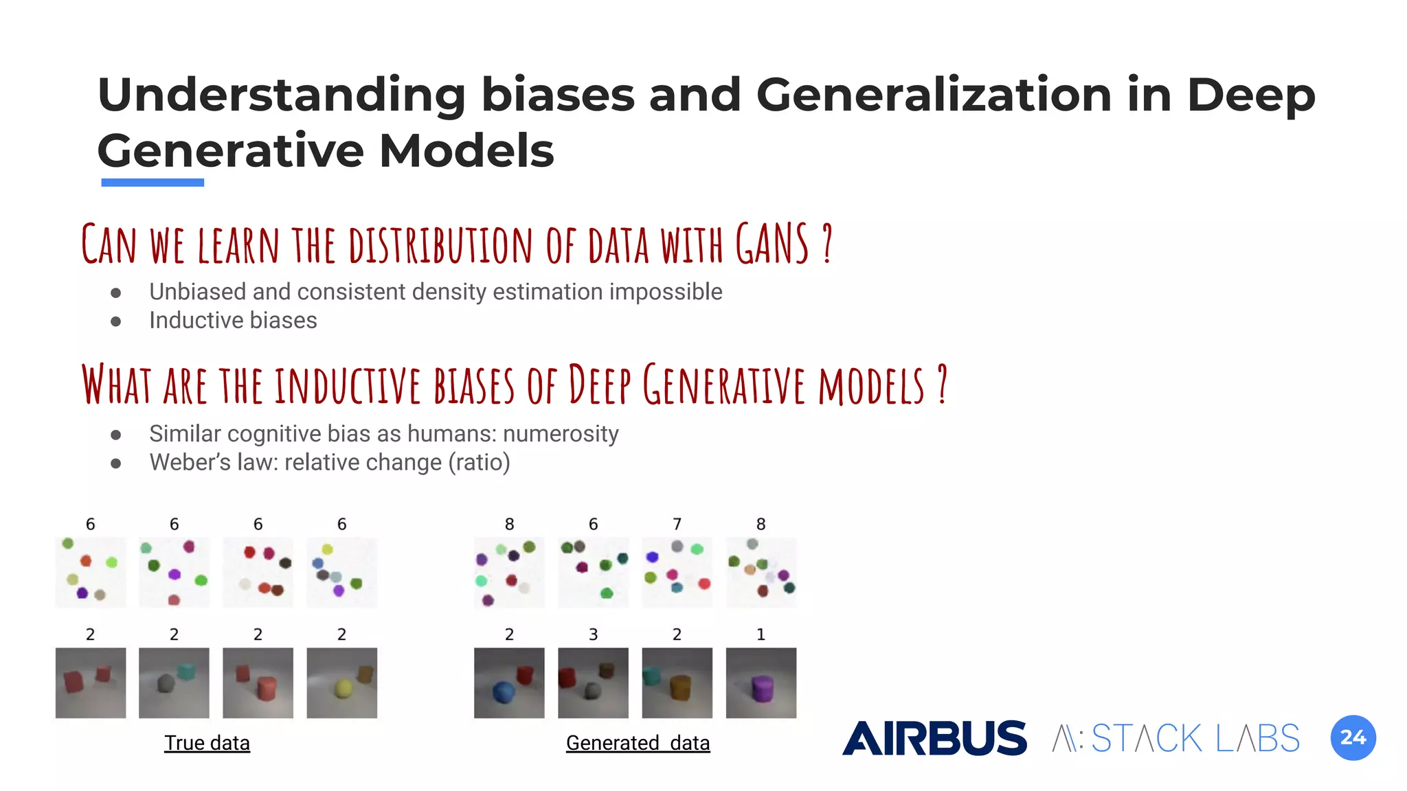 24
Understanding biases and Generalization in Deep
Generative Models
Can we learn the distribution of data with GANS ?
What are the inductive biases of Deep Generative models ?
● Unbiased and consistent density estimation impossible
● Inductive biases
● Similar cognitive bias as humans: numerosity
● Weber’s law: relative change (ratio)
True data Generated data
 