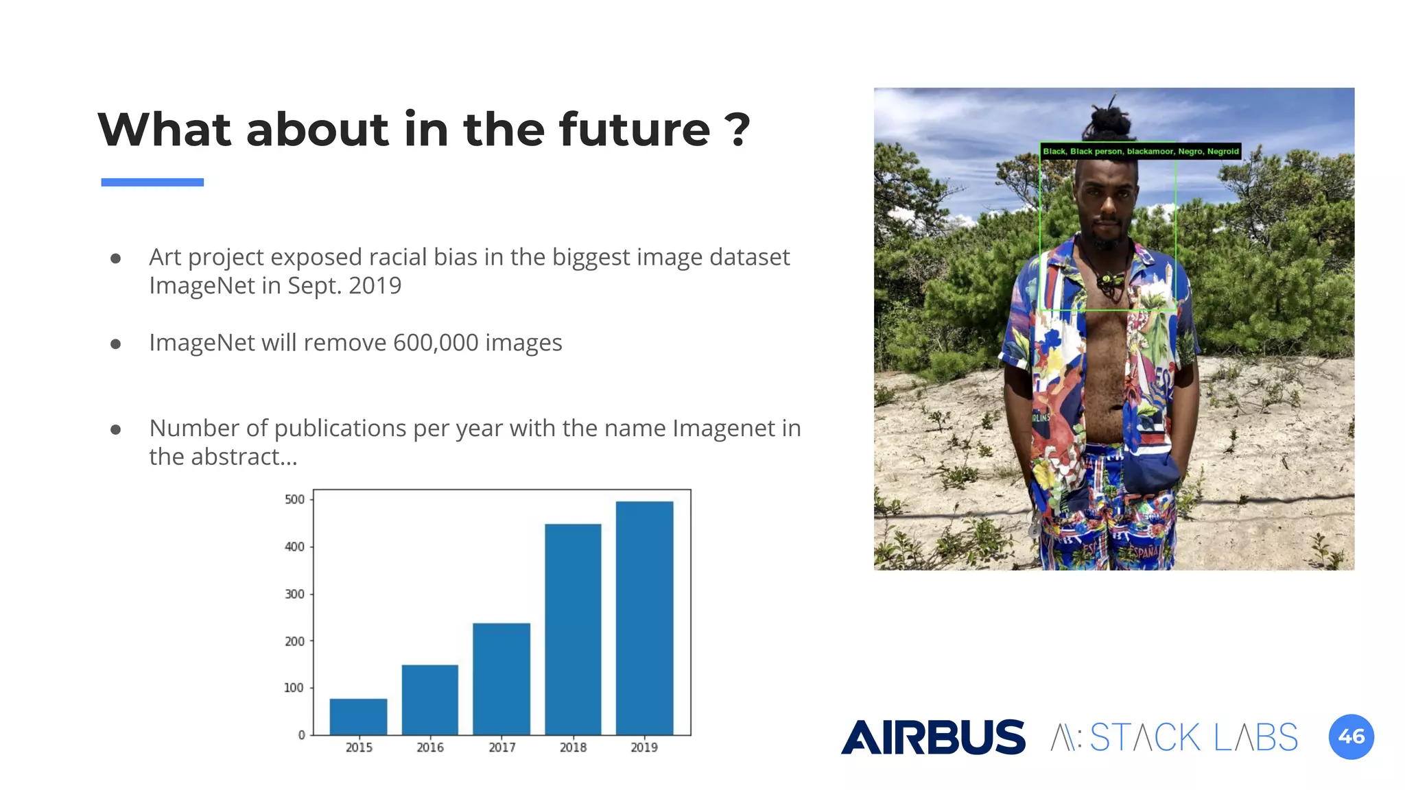 46
What about in the future ?
● Art project exposed racial bias in the biggest image dataset
ImageNet in Sept. 2019
● ImageNet will remove 600,000 images
● Number of publications per year with the name Imagenet in
the abstract…
 