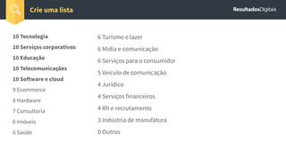 10 Tecnologia
10 Serviços corporativos
10 Educação
10 Telecomunicações
10 Software e cloud
9 Ecommerce
8 Hardware
7 Consultoria
6 Imóveis
6 Saúde
Crie uma lista
6 Turismo e lazer
6 Mídia e comunicação
6 Serviços para o consumidor
5 Veículo de comunicação
4 Jurídico
4 Serviços financeiros
4 Rh e recrutamento
3 Indústria de manufatura
0 Outros
 