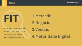 Roteiro
FIT
Apto, Adequado, Ajustado,
próprio, bom, justo, certo,
em boa forma, próprio
para, legítimo, pronto a.
1.Mercado
2.Negócio
3.Vendas
4.Maturidade Digital
 