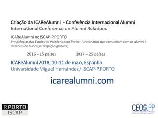 Criação da ICAReAlumni - Conferência Internacional Alumni
International Conference on Alumni Relations
ICAReAlumni no ISCAP-P.PORTO
Presidências das Escolas do Politécnico do Porto + funcionários que comunicam com os alumni +
diretores de curso (participação gratuita)
2016 – 15 países 2017 – 25 países
ICAReAlumni 2018, 10-11 de maio, Espanha
Universidade Miguel Hernández / ISCAP-P.PORTO
icarealumni.com
 