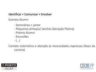 Identificar + Comunicar + Envolver
Eventos Alumni
- Seminários + jantar
- Pequenos almoços/ lanches (Geração Platina)
- Prémio Alumni
- Excursões
- (…)
Contato sistemático e atenção às necessidades expressas (fases da
carreira)
 