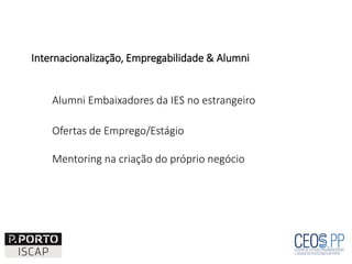 Internacionalização, Empregabilidade & Alumni
Alumni Embaixadores da IES no estrangeiro
Ofertas de Emprego/Estágio
Mentoring na criação do próprio negócio
 