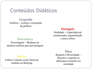 Conteúdos Didáticos
Geografia
Gráficos – Leitura e construção
de gráficos
Português
Oralidade – Capacidade de
comunicação, argumentação
e senso crítico
Matemática
Porcentagem – Mudança de
números ordinais para porcentagem
Ética
Respeito à Diversidade –
Discutir e respeitar as
diferenças existentes na
sociedade
Música
Utilizar a música como forma de
combate ao Bullying
 