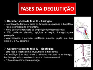 FASES DA DEGLUTIÇÃO 
 Características da fase III – Faríngea: 
- Coordenação temporal entre as funções, respiratória e digestória; 
- Fase é considerada involuntária; 
- Início quando a resposta de deglutição foi desencadeada; 
- Véu palatino elevado, epiglote e região Laringotraqueal 
protegida; 
- Atravessando o esfíncter esofágico superior, trajeto que dura 
entre 0,7 a 1,0 segundo. 
 Características da fase IV – Esofágica: 
- Esta fase é inconsciente, involuntária e mais lenta; 
- O esôfago é o tubo onde o alimento vai para o estômago; 
também permite o movimento inverso durante o vômito; 
- O bolo alimentar entra estômago. 
 