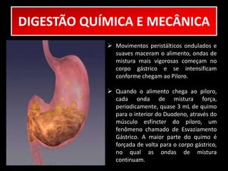 DIGESTÃO QUÍMICA E MECÂNICA 
 Movimentos peristálticos ondulados e 
suaves maceram o alimento, ondas de 
mistura mais vigorosas começam no 
corpo gástrico e se intensificam 
conforme chegam ao Piloro. 
 Quando o alimento chega ao piloro, 
cada onda de mistura força, 
periodicamente, quase 3 mL de quimo 
para o interior do Duodeno, através do 
músculo esfíncter do piloro, um 
fenômeno chamado de Esvaziamento 
Gástrico. A maior parte do quimo é 
forçada de volta para o corpo gástrico, 
no qual as ondas de mistura 
continuam. 
 