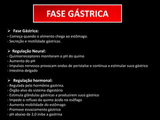FASE GÁSTRICA 
 Fase Gástrica: 
- Começa quando o alimento chega ao estômago. 
- Secreção e motilidade gástricas. 
 Regulação Neural: 
- Quimiorreceptores monitoram o pH do quimo 
- Aumento do pH 
- Impulsos nervosos provocam ondas de peristalse e continua a estimular suco gástrico 
- Intestino delgado 
 Regulação hormonal: 
- Regulada pelo hormônio gastrina. 
- Órgão-alvo do sistema digestório 
- Estimula glândulas gástricas a produzirem suco gástrico 
- Impede o refluxo do quimo ácido no esôfago 
- Aumenta mobilidade do estômago 
- Promove esvaziamento gástrico 
- pH abaixo de 2,0 inibe a gastrina 
 