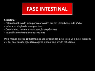 FASE INTESTINAL 
Secretina: 
- Estimula o fluxo de suco pancreático rico em íons bicarbonato de sódio 
- Inibe a produção de suco gástrico 
- Crescimento normal e manutenção do pâncreas 
- Intensifica o efeito da colecistocinina 
Pelo menos outros 10 hormônios são produzidos pelo trato GI e nele exercem 
efeito, porém as funções fisiológicas ainda estão sendo estudadas. 
 