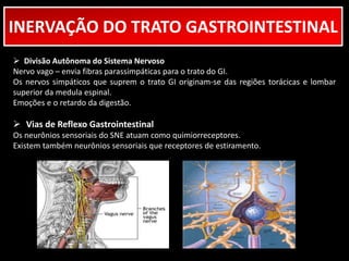 INERVAÇÃO DO TRATO GASTROINTESTINAL 
 Divisão Autônoma do Sistema Nervoso 
Nervo vago – envia fibras parassimpáticas para o trato do GI. 
Os nervos simpáticos que suprem o trato GI originam-se das regiões torácicas e lombar 
superior da medula espinal. 
Emoções e o retardo da digestão. 
 Vias de Reflexo Gastrointestinal 
Os neurônios sensoriais do SNE atuam como quimiorreceptores. 
Existem também neurônios sensoriais que receptores de estiramento. 
 