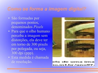 Como se forma a imagem digital?
●   São formadas por
    pequenos pontos,
    denominados Pixels
●   Para que o olho humano
    perceba a imagem sem
    distorções, ela deve ter
    em torno de 300 pixels
    por polegada, ou seja,
    300 dpi (ppp).
●   Esta medida é chamada
    de resolução.
 