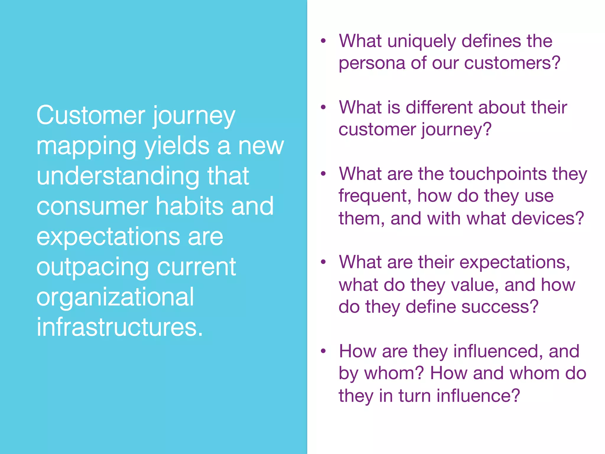 Customer journey
mapping yields a new
understanding that
consumer habits and
expectations are
outpacing current
organizational
infrastructures.
As consumption habits shift,
brands require media ubiquity
•  What uniquely deﬁnes the
persona of our customers?
•  What is different about their
customer journey?
•  What are the touchpoints they
frequent, how do they use
them, and with what devices?
•  What are their expectations,
what do they value, and how
do they deﬁne success?
•  How are they inﬂuenced, and
by whom? How and whom do
they in turn inﬂuence?
 