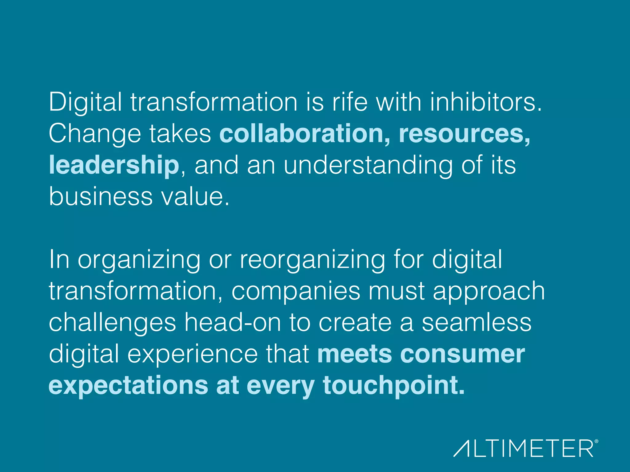 Digital transformation is rife with inhibitors.
Change takes collaboration, resources,
leadership, and an understanding of its
business value.
In organizing or reorganizing for digital
transformation, companies must approach
challenges head-on to create a seamless
digital experience that meets consumer
expectations at every touchpoint.!
 