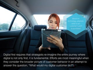 Digital ﬁrst requires that strategists re-imagine the entire journey where
digital is not only ﬁrst, it is fundamental. Efforts are most meaningful when
they consider the broader picture of customer behavior in an attempt to
answer the question, “What would my digital customer do?”
 