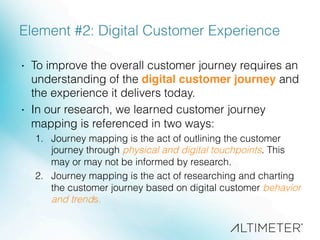 Element #2: Digital Customer Experience
·  To improve the overall customer journey requires an
understanding of the digital customer journey and
the experience it delivers today.
·  In our research, we learned customer journey
mapping is referenced in two ways:
1.  Journey mapping is the act of outlining the customer
journey through physical and digital touchpoints. This
may or may not be informed by research.
2.  Journey mapping is the act of researching and charting
the customer journey based on digital customer behavior
and trends.
 