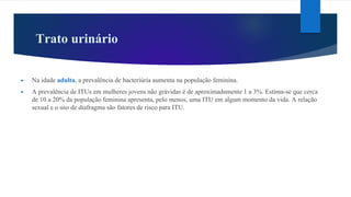 Trato urinário
► Na idade adulta, a prevalência de bacteriúria aumenta na população feminina.
► A prevalência de ITUs em mulheres jovens não grávidas é de aproximadamente 1 a 3%. Estima-se que cerca
de 10 a 20% da população feminina apresenta, pelo menos, uma ITU em algum momento da vida. A relação
sexual e o uso de diafragma são fatores de risco para ITU.
 