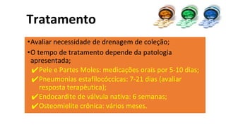•Avaliar necessidade de drenagem de coleção;
•O tempo de tratamento depende da patologia
apresentada;
✔Pele e Partes Moles: medicações orais por 5-10 dias;
✔Pneumonias estafilocóccicas: 7-21 dias (avaliar
resposta terapêutica);
✔Endocardite de válvula nativa: 6 semanas;
✔Osteomielite crônica: vários meses.
Tratamento
 