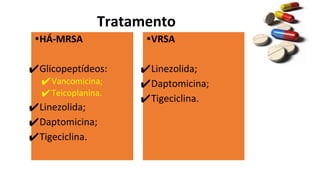 •HÁ-MRSA
✔Glicopeptídeos:
✔Vancomicina;
✔Teicoplanina.
✔Linezolida;
✔Daptomicina;
✔Tigeciclina.
•VRSA
✔Linezolida;
✔Daptomicina;
✔Tigeciclina.
Tratamento
 