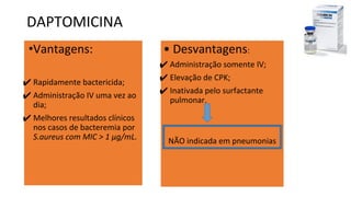 DAPTOMICINA
•Vantagens:
✔ Rapidamente bactericida;
✔ Administração IV uma vez ao
dia;
✔ Melhores resultados clínicos
nos casos de bacteremia por
S.aureus com MIC > 1 μg/mL.
• Desvantagens:
✔ Administração somente IV;
✔ Elevação de CPK;
✔ Inativada pelo surfactante
pulmonar.
NÃO indicada em pneumonias
 