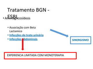 Tratamento BGN -
ESBL
•Aminoglicosídeos
• Associação com Beta
Lactamico
• Infecções do trato urinário
• Infecções Abdominais
EXPERIENCIA LIMITADA COM MONOTERAPIA
SINERGISMO
 