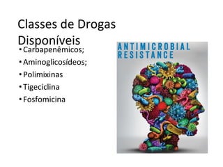Classes de Drogas
Disponíveis
•Carbapenêmicos;
•Aminoglicosídeos;
•Polimixinas
•Tigeciclina
•Fosfomicina
 