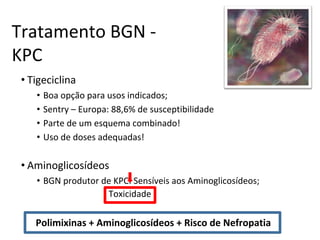 Tratamento BGN -
KPC
• Tigeciclina
• Boa opção para usos indicados;
• Sentry – Europa: 88,6% de susceptibilidade
• Parte de um esquema combinado!
• Uso de doses adequadas!
• Aminoglicosídeos
• BGN produtor de KPC: Sensíveis aos Aminoglicosídeos;
Toxicidade
Polimixinas + Aminoglicosídeos + Risco de Nefropatia
 