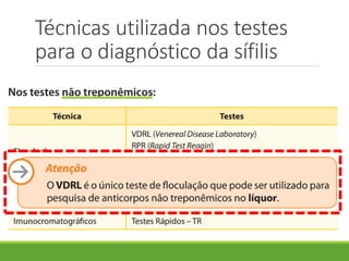 Técnicas utilizada nos testes
para o diagnóstico da sífilis
 