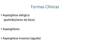 Formas Clínicas
• Aspergilose alérgica
(pulmão/seios da face)
• Aspergiloma
• Aspergilose invasiva (aguda)
 