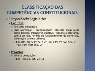  Competência          Legislativa
    Exclusiva
        não cabe delegação
        Obs: Municipal – predominante interesse local (exs:
         plano diretor, transporte coletivo, vigilância sanitária,
         coleta de lixo, horário de funcionamento do comércio,
         ordenação do solo urbano)
          Ex: arts. 18, § 4º; 27, § 2º; 31, § 1º; 49; 52; 129, I;
           153; 154; 155; 156, CF

    Privativa
        Admite delegação
          Ex: P. Único, art. 22, CF
 