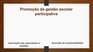 Promoção da gestão escolar
participativa
Valorização das capacidades e
aptidões
Assunção de responsabilidade
 