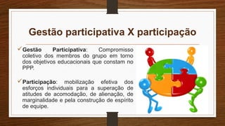 Gestão participativa X participação
Gestão Participativa: Compromisso
coletivo dos membros do grupo em torno
dos objetivos educacionais que constam no
PPP.
Participação: mobilização efetiva dos
esforços individuais para a superação de
atitudes de acomodação, de alienação, de
marginalidade e pela construção de espírito
de equipe.
 