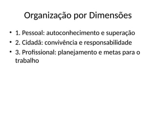 Organização por Dimensões
• 1. Pessoal: autoconhecimento e superação
• 2. Cidadã: convivência e responsabilidade
• 3. Profissional: planejamento e metas para o
trabalho
 