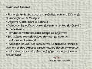 Diário dos Fazeres:
* Plano de trabalho concreto refletido sobre o Diário de
Observação e de Pesquisa
* Objetivo Geral claro e definido
* Objetivos Específicos como desdobramentos do Geral (
se necessário)
* Atividades voltadas para atingir os objetivos
* Estratégias Metodológicas de acordo com as
atividades e objetivo(s)
* Avaliação no dia, nos momentos de trabalho, sobre a
aula em si, dos saberes presentes,nos desenvolvimentos
localizados, sobre atitudes pedagógicas mediadoras e
observadas
GUEDES TRINDADE, 2011.
 