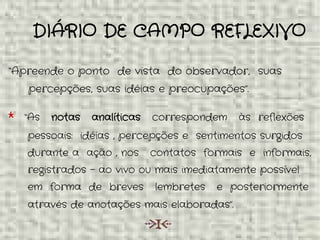 DIÁRIO DE CAMPO REFLEXIVO
“Apreende o ponto de vista do observador, suas
percepções, suas idéias e preocupações”.
* “As notas analíticas correspondem às reflexões
pessoais: idéias , percepções e sentimentos surgidos
durante a ação , nos contatos formais e informais,
registrados – ao vivo ou mais imediatamente possível
em forma de breves lembretes e posteriormente
através de anotações mais elaboradas”.
 
