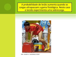 A probabilidade de lesão aumenta quando as
cargas ultrapassam a gama fisiológica. Neste caso o
       tecido experimenta uma sobrecarga.




  PROF. VAGNER SÁ - SAVAGNER@IG.COM.BR
 