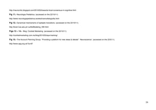 http://neurocritic.blogspot.com/2010/05/towards-focal-consensus-in-cognitive.html

Fig 11.- Neurologia Pediátrica. (accessed on the 22/10/11)

http://www.neurologiapediatrica.es/electroencefalografia.html

Fig 12.- Dynamical mechanisms of epileptic transitions. (accessed on the 22/10/11).

http://brain.fuw.edu.pl/~suffa/Modeling_SW.html

Figs 13 – 14.- Blog: Cocktail Marketing. (accessed on the 22/10/11)

http://cocktailmarketing.com.mx/blog/2010/05/eye-tracking/

Fig 15.- The Account Planning Group. “Providing a platform for new ideas & debate”. ʻNeuroscienceʼ. (accessed on the 22/5/11).

http://www.apg.org.uk/?p=87




!                                                                                                                                $%!
 