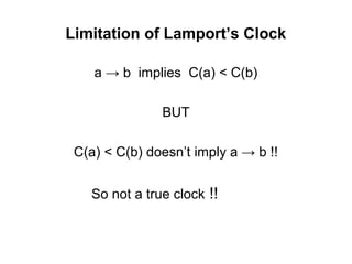Limitation of Lamport’s Clock
a → b implies C(a) < C(b)
BUT
C(a) < C(b) doesn’t imply a → b !!
So not a true clock !!
 