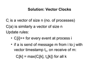 Solution: Vector Clocks
Ci is a vector of size n (no. of processes)
C(a) is similarly a vector of size n
Update rules:
• Ci[i]++ for every event at process i
• if a is send of message m from i to j with
vector timestamp tm, on receive of m:
Cj[k] = max(Cj[k], tm[k]) for all k
 