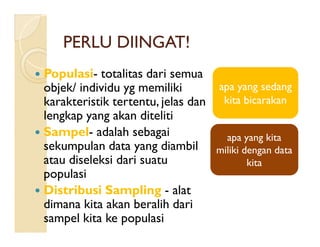 PERLU DIINGAT!PERLU DIINGAT!
 Populasi- totalitas dari semua
objek/ individu yg memiliki
karakteristik tertentu, jelas dan
lengkap yang akan diteliti
apa yang sedang
kita bicarakan
 Sampel- adalah sebagai
sekumpulan data yang diambil
atau diseleksi dari suatu
populasi
 Distribusi Sampling - alat
dimana kita akan beralih dari
sampel kita ke populasi
apa yang kita
miliki dengan data
kita
 