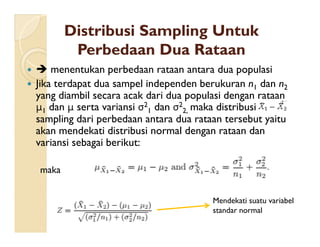 DistribusiDistribusi SamplingSampling UntukUntuk
PerbedaanPerbedaan DuaDua RataanRataan
  menentukan perbedaan rataan antara dua populasi
 Jika terdapat dua sampel independen berukuran n1 dan n2
yang diambil secara acak dari dua populasi dengan rataan
μ1 dan μ serta variansi σ2
1 dan σ2
2, maka distribusi
sampling dari perbedaan antara dua rataan tersebut yaitu
akan mendekati distribusi normal dengan rataan dan
sampling dari perbedaan antara dua rataan tersebut yaitu
akan mendekati distribusi normal dengan rataan dan
variansi sebagai berikut:
maka
Mendekati suatu variabel
standar normal
 