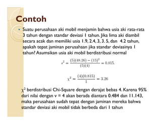 ContohContoh
 Suatu perusahaan aki mobil menjamin bahwa usia aki rata-rata
3 tahun dengan standar deviasi 1 tahun. Jika lima aki diambil
secara acak dan memiliki usia 1.9, 2.4, 3, 3. 5, dan 4.2 tahun,
apakah tepat jaminan perusahaan jika standar deviasinya 1
tahun? Asumsikan usia aki mobil berdistribusi normal
χ2 berdistribusi Chi-Square dengan derajat bebas 4. Karena 95%
dari nilai dengan v = 4 akan berada diantara 0.484 dan 11.143,
maka perusahaan sudah tepat dengan jaminan mereka bahwa
standar deviasi aki mobil tidak berbeda dari 1 tahun
 