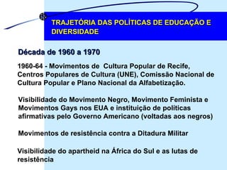1960-64 - Movimentos de  Cultura Popular de Recife,  Centros Populares de Cultura (UNE), Comissão Nacional de  Cultura Popular e Plano Nacional da Alfabetização. Visibilidade do Movimento Negro, Movimento Feminista e  Movimentos Gays nos EUA e instituição de políticas  afirmativas pelo Governo Americano (voltadas aos negros) TRAJETÓRIA DAS POLÍTICAS DE EDUCAÇÃO E DIVERSIDADE Década de 1960 a 1970 Movimentos de resistência contra a Ditadura Militar Visibilidade do apartheid na África do Sul e as lutas de  resistência  